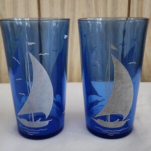 1930s pair cobalt sailboat drinking glasses Hazel Atlas